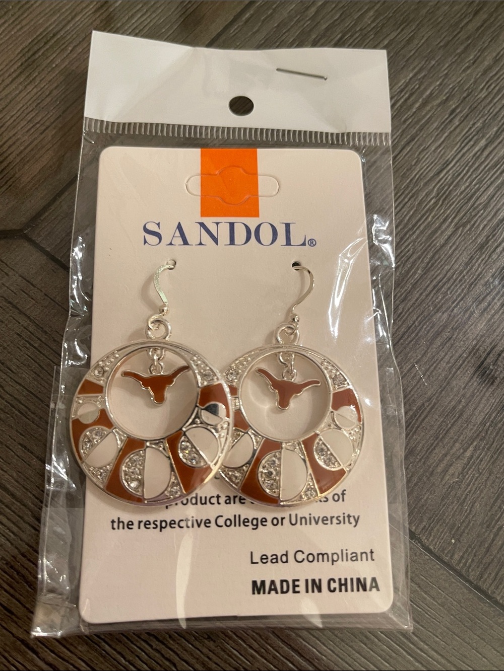 NWT SANDOL Texas Longhorns Rhinestone & Enameled Dangle Earrings